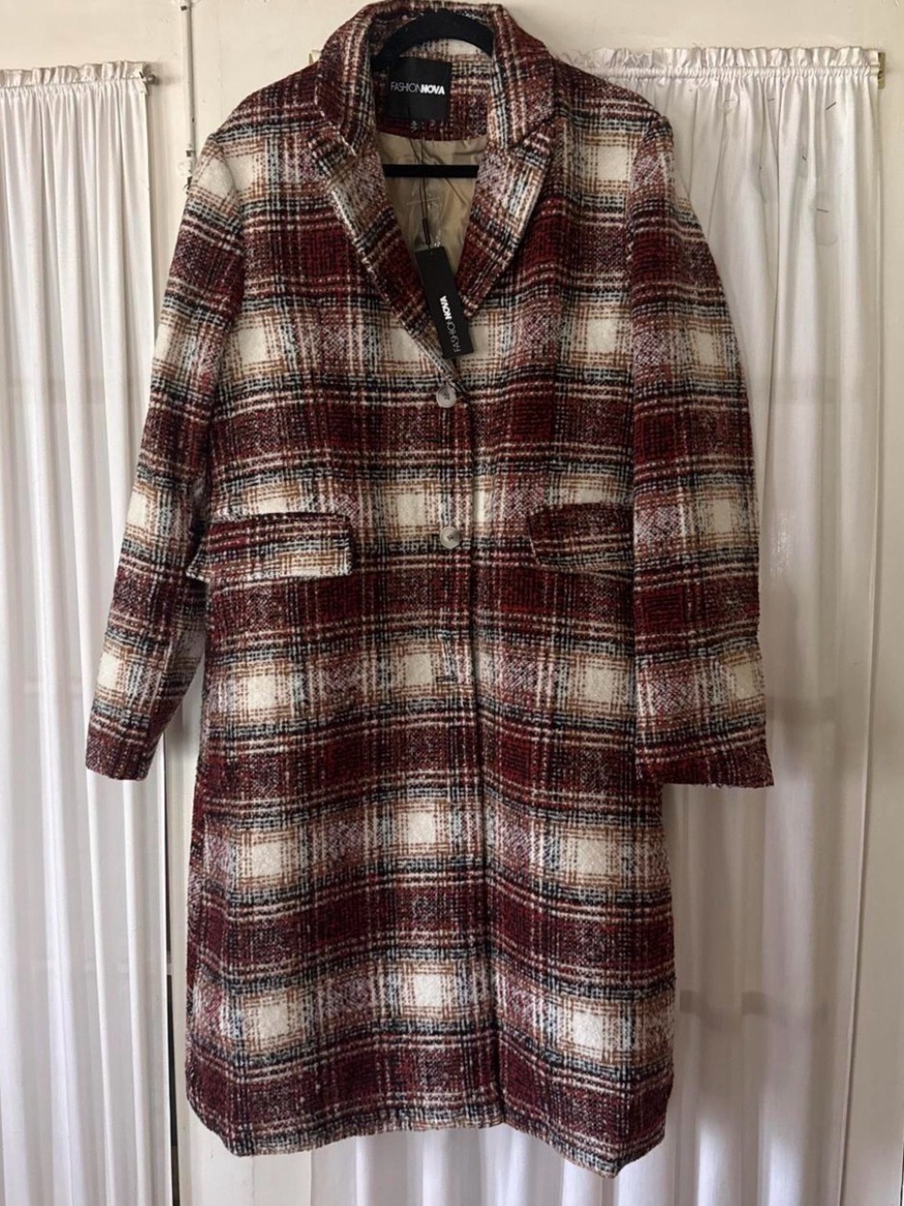 Fashion Nova Burgundy and Cream Plaid Mid-Length Pea Coat